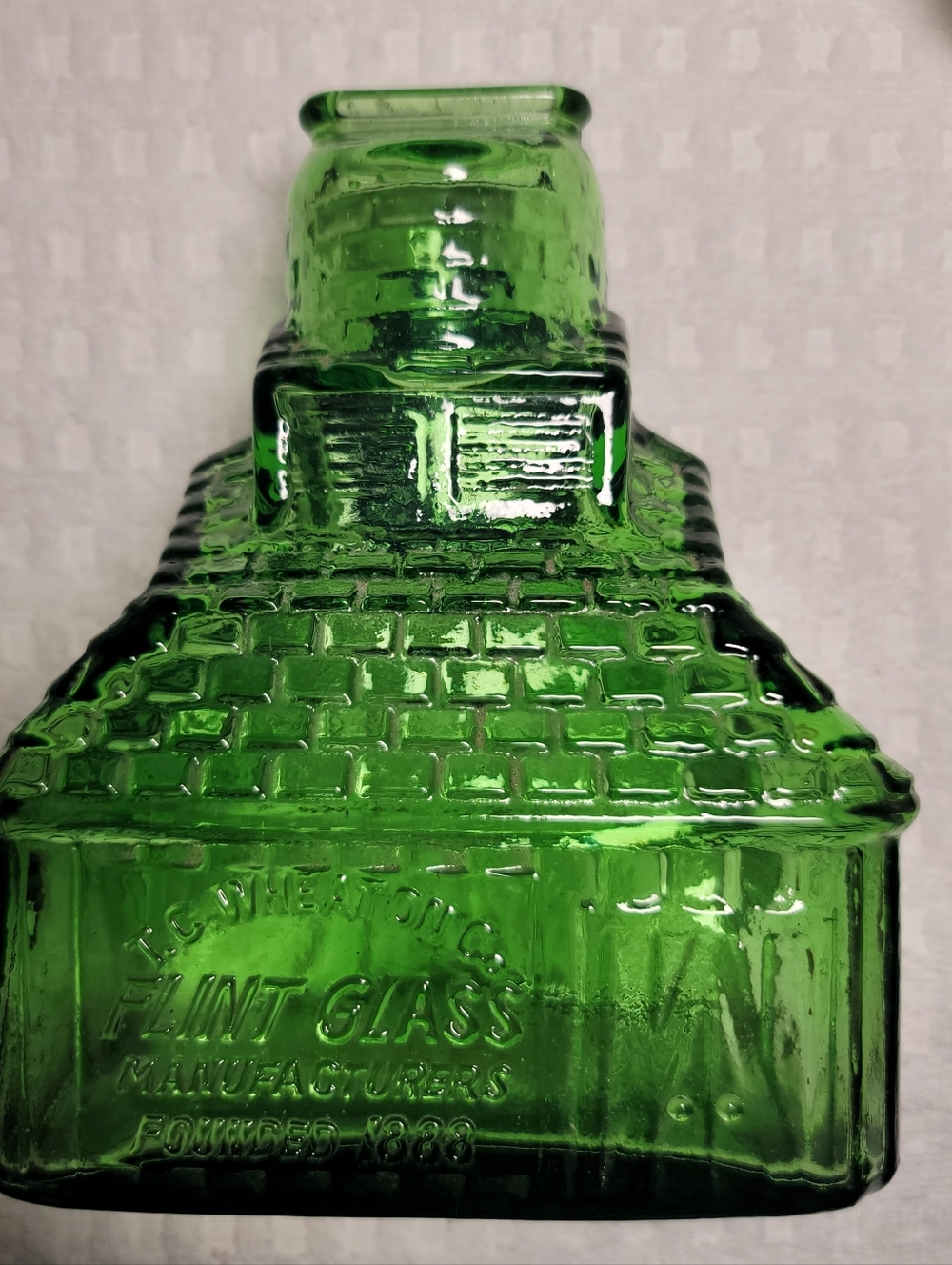 Vintage 1970s Wheaton Co. Flint Glass Green Decorative Glass House Bank Bottle.
